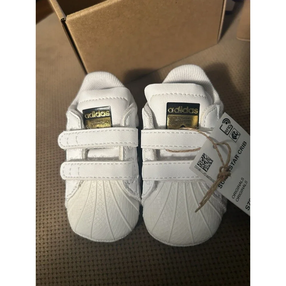 Adidas Superstar Shoes Infant Size 1 Crib 1K Baby White & Gold Logo Sneaker